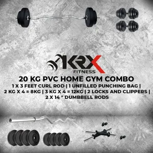 20 kg PVC with One 3 Ft Curl Rod and 1 Dumbbell & Rod | Homegym | (2 kg x 4 = 8 kg Plates   3 kg x 4 = 12 kg Plates)