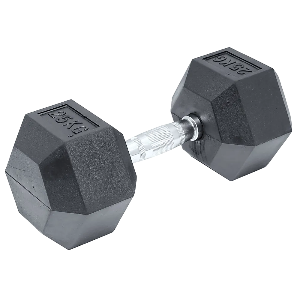 25KG Ergonomic Rubber Hex Dumbbell, Forged Construction